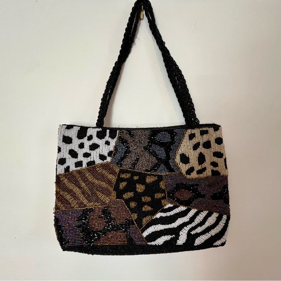 Handbags - Beaded Animal Patchwork Shoulder Bag - Black, White, Brown